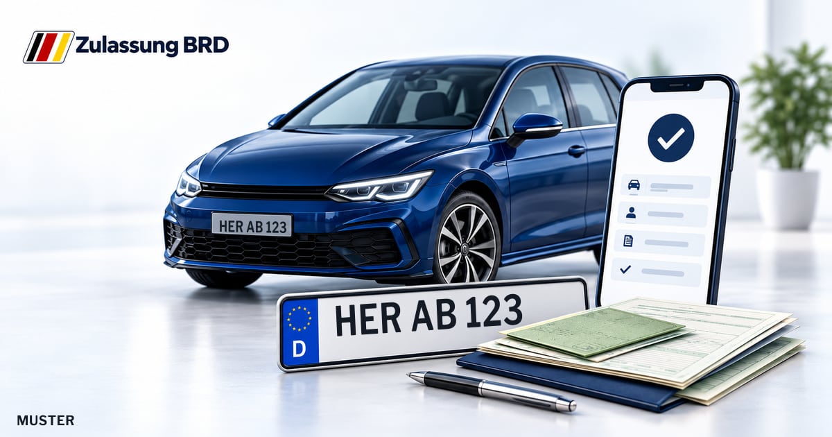Online Fahrzeugzulassung in Herne: Musterkennzeichen HER AB 123, Auto und Fahrzeugpapiere und Smartphone. Illustration mit Logo von Zulassung BRD.